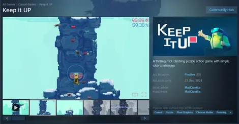Steam에 출시된 암벽등반 퍼즐 액션 게임 Keep It Up 스토어 페이지